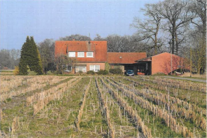 Einfamilienhaus mit rotem Ziegeldach und angrenzenden Nebengebäuden, vor einem ackerbaulichen Feld mit Reihen von Pflanzen, in Bruchhausen-Vilsen