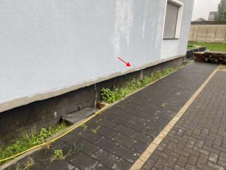 Seitenansicht eines Einfamilienhauses mit grauer Fassade, Fundament und angrenzendem Pflasterweg, grüne Vegetation am Rand