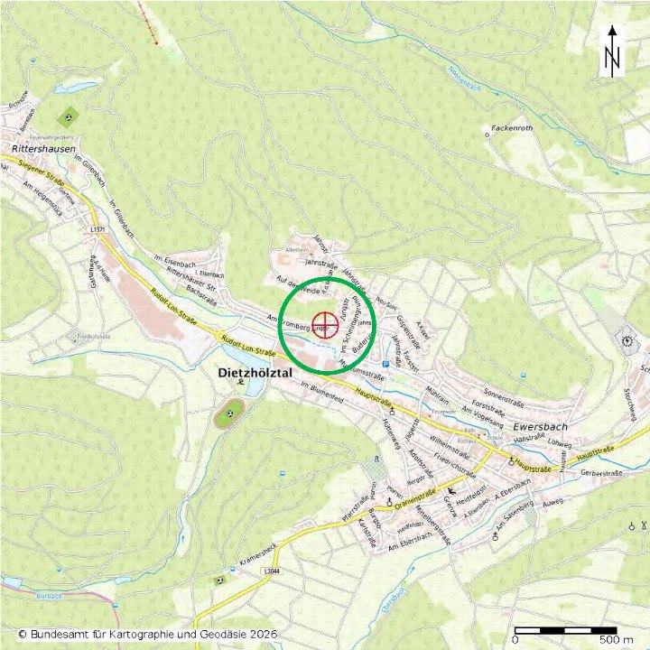 Lagekarte von Dietzhölztal mit markierter Position Jungstraße 20, umgeben von Straßen und Grünflächen