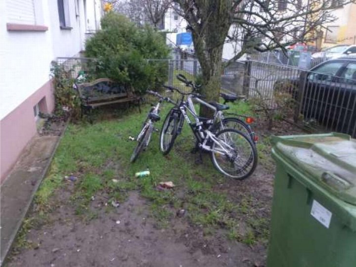 Gartenbereich mit Gras, Baum, Holzbank, zwei Fahrrädern und grünem Müllcontainer vor einem Mehrfamilienhaus in Frankfurt am Main