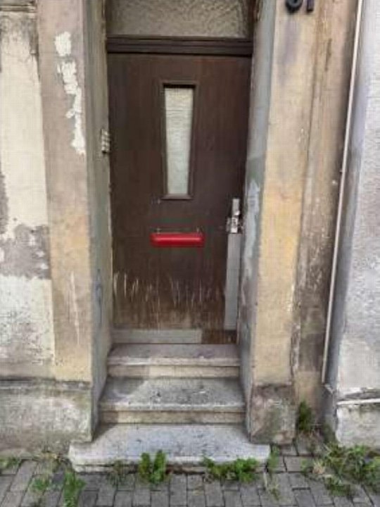 Eingangstür eines Mehrfamilienhauses mit rotem Griff, Stufen und verwitterten Wänden in Duisburg