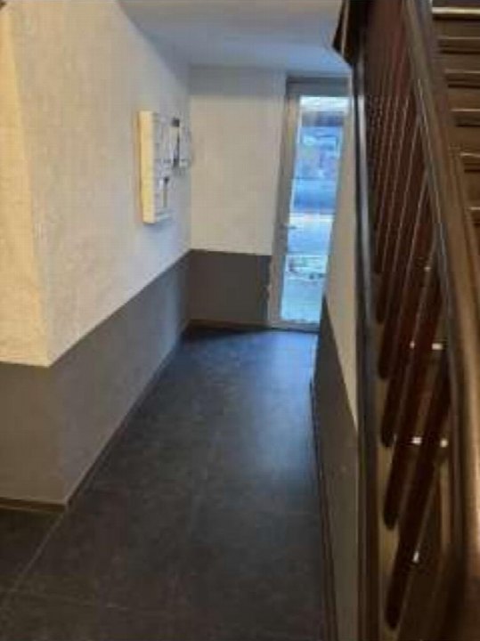 Treppenhaus mit dunklem Bodenbelag, Holzgeländer und Glastür am Ende des Flurs
