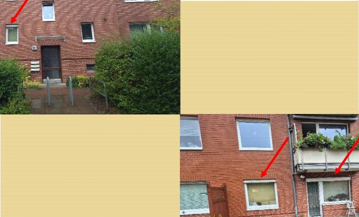 Vorderansicht eines roten Backsteinhauses mit Eingang, Fenstern und Grünanlagen, Ellernreihe 64, Hamburg