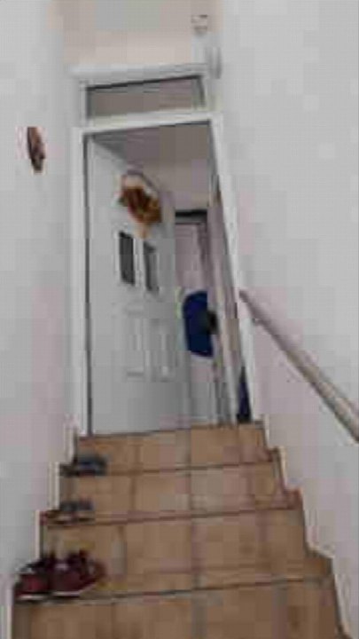 Innenansicht einer Treppe mit Holzstufen, Handlauf und Tür am oberen Ende, Schuhe auf den Stufen