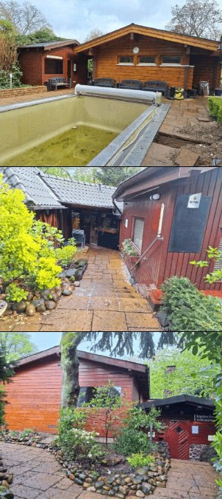 Gartenbereich mit befestigtem Weg, Steingarten, Pflanzen und überdachtem Pool vor einem Holzgebäude