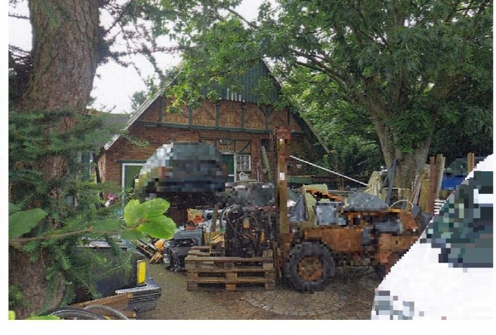 Gartenbereich mit Bäumen, Holzgebäude im Hintergrund und verschiedenen Gegenständen wie Paletten und Maschinen
