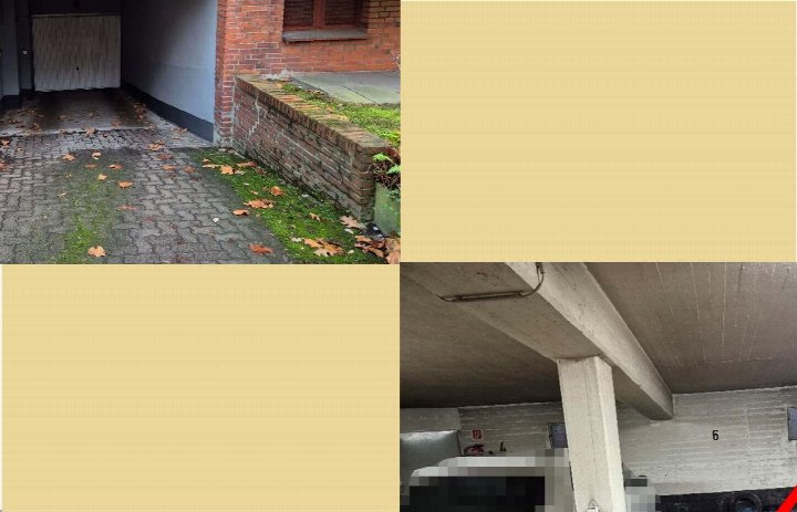 Außenansicht eines gepflasterten Zugangs mit Backsteinmauer und Herbstlaub sowie Innenansicht einer Betonhalle mit Stützen und der Nummer 6, vermutlich Garage oder Stellplatz