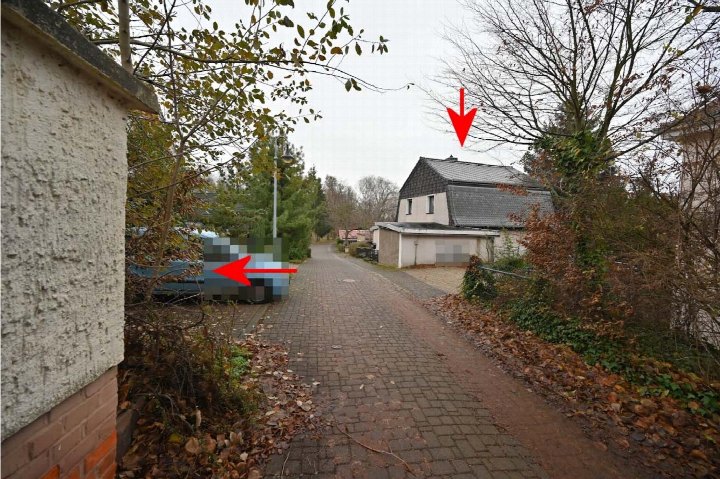 Einfamilienhaus in Dahlen, Bernhard-Göring-Str. 64, von vorne gesehen, mit gepflastertem Weg und umgebenden Bäumen