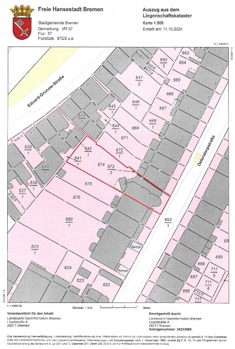 Flurkarte der Freien Hansestadt Bremen, Auszug aus dem Liegenschaftskataster mit Grundstücksnummern und Straßenbezeichnungen, darunter Ostendorpstraße und Eduard-Grunow-Straße