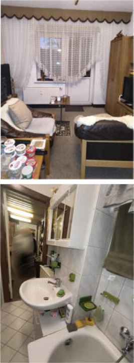 Wohnbereich mit Sofa, Couchtisch und Fenster sowie Badezimmer mit Waschbecken und Badewanne in einer Eigentumswohnung in Berlin
