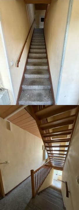 Treppenhaus mit Betonstufen und Holzgeländer im Mehrfamilienhaus Bauernende 34, Oebisfelde-Weferlingen
