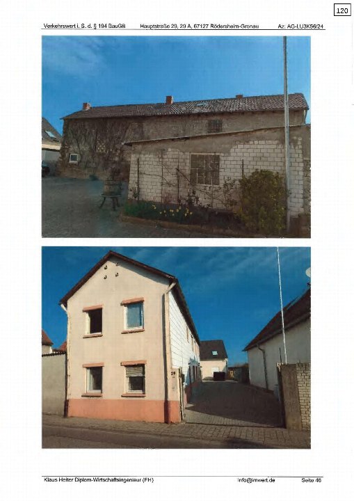 Zwei Außenansichten eines Gebäudes in Rödersheim-Gronau, Hauptstraße 29, mit Fassade, Fenstern und Gartenbereich