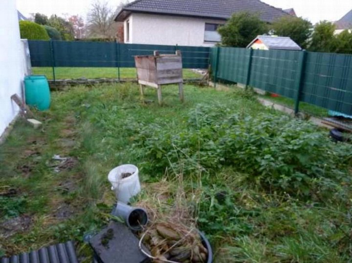 Überwucherter Garten mit Komposthaufen, Eimern und grünem Zaun im Hintergrund