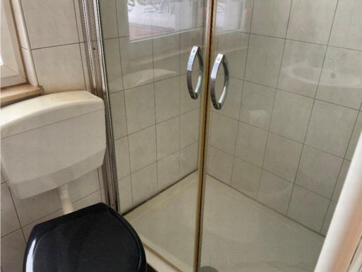 Badezimmer mit Toilette und Dusche, Fliesenwand, Glasduschtür mit Metallgriffen