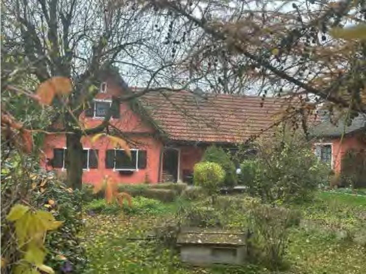 Gartenbereich mit Sträuchern, Gras und Bäumen vor einem roten Gebäude mit Ziegeldach in Neufahrn/NB, Salzburgweg 1