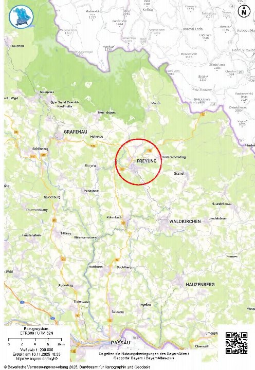 Lagekarte von Freyung in Bayern mit umliegenden Gemeinden, Straßen und topografischen Merkmalen. Der Ort Freyung ist durch einen roten Kreis hervorgehoben
