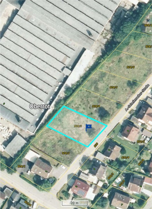 Luftbild des Grundstücks 928/3 in Oberrot, Alfred-Schefenacker-Straße, mit umgebenden Parzellen und Gebäuden