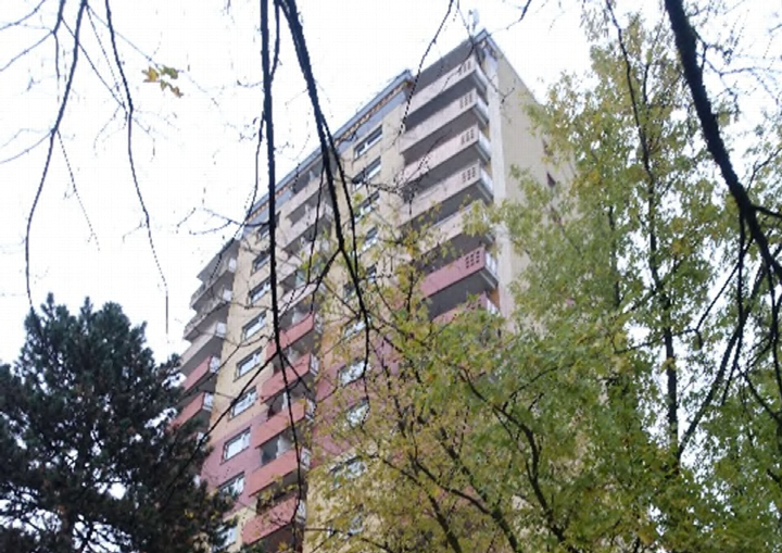 Seitenansicht eines mehrstöckigen Wohnhauses mit Balkonen, teilweise von Bäumen verdeckt, Kohlrauschweg 11, Frankfurt am Main