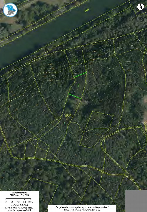 Flurkarte mit Parzellenabgrenzungen, Höhenlinien und der Parzelle 304 im Gebiet Schlösselberg, Niederaichbach
