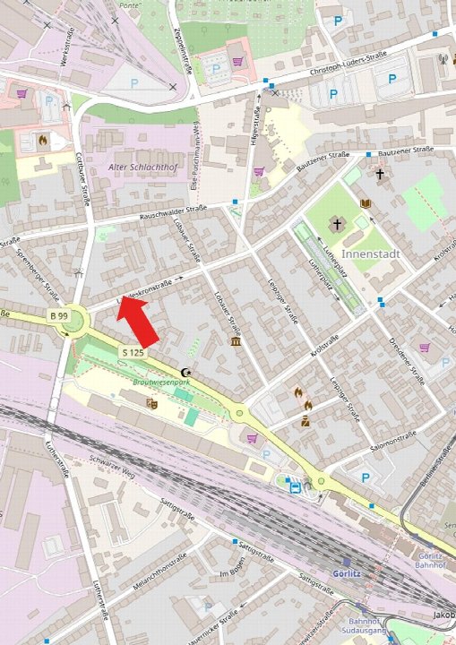 Lagekarte von Görlitz mit Straßen, Parks und einem roten Pfeil, der eine Position in der Nähe der Leskronstraße markiert