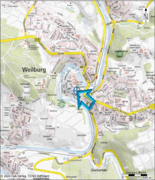 Lagekarte der Stadt Weilburg mit Straßen, Flüssen und markierter Position der Pfarrgasse 3