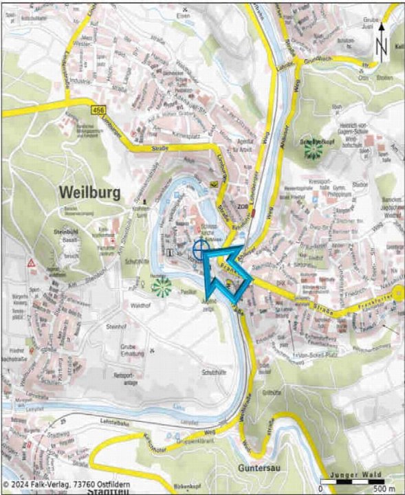 Lagekarte der Stadt Weilburg mit Straßen, Flüssen und markierter Position in der Innenstadt, umgeben von Grünflächen und Nachbarorten