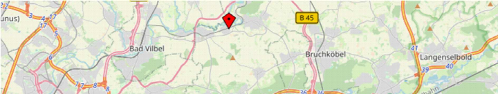 Lagekarte mit Markierung der Immobilie in der Nähe von Bad Vilbel und Bruchköbel, mit Straßenverläufen und Ortsnamen