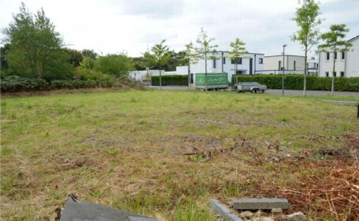 Unbefestigter Gartenbereich mit Gras und Erde, umgeben von Bäumen und Hecken, im Hintergrund Gebäude am Kieler Weg 2 in Gelsenkirchen