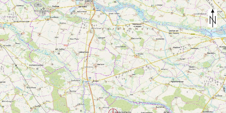 Lagekarte der Region um Siedenbollentin mit Straßen, Ortschaften und Flussverläufen, inklusive Nordpfeil