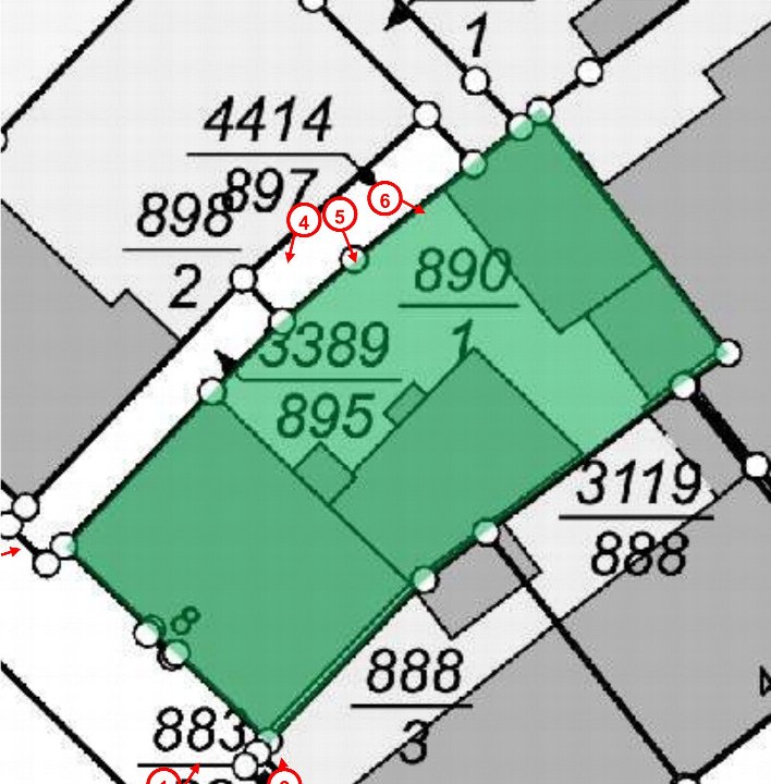 Flurkarte mit Grundstücksnummern 890, 895 und 3389, grün markiert, sowie angrenzenden Parzellen und Vermessungspunkten