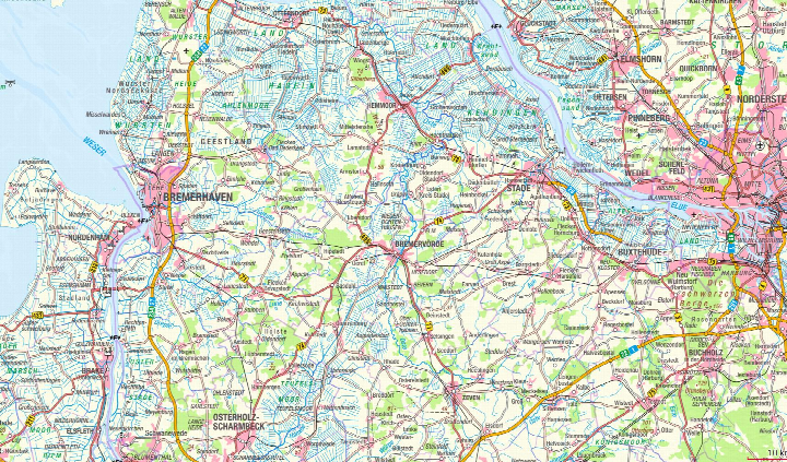 Lagekarte der Region um Bremerhaven mit Straßen, Flüssen und Gemeinden, einschließlich Hipstedt im Bereich Postweg 13