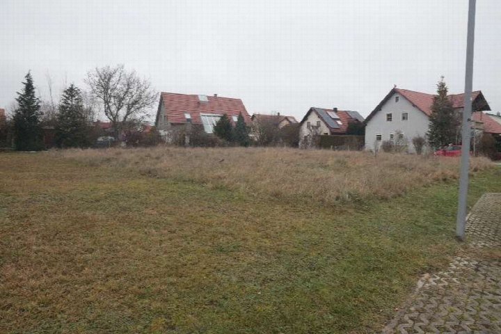 Grasbewachsener Grundstücksteil mit trockenem Gras im Vordergrund, dahinter Wohnhäuser mit Dächern und Bäumen in Steinberg am See