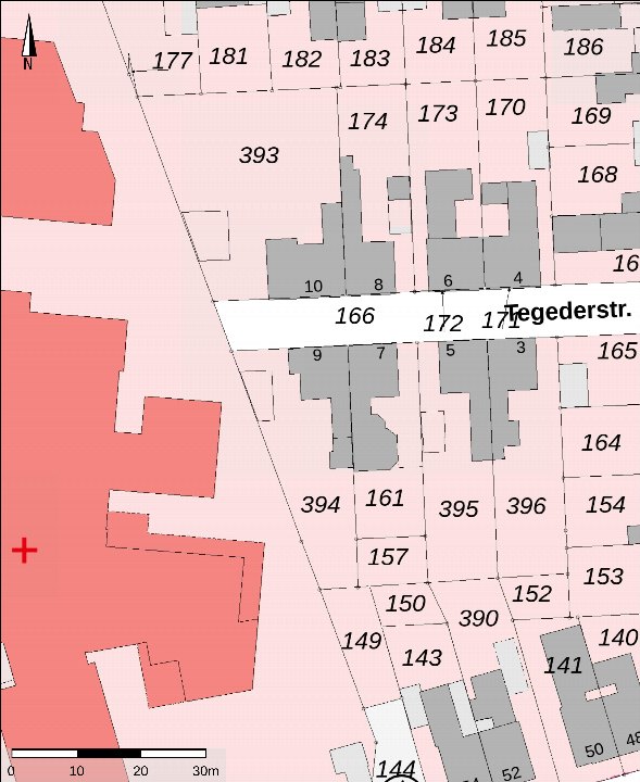 Flurkarte mit Parzellennummern und der Tegederstraße, darunter die Grundstücke 8 und 9 in Stadtlohn