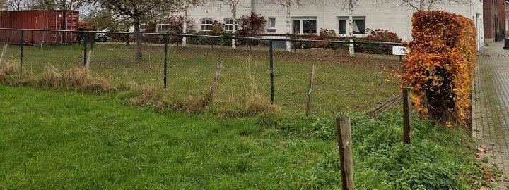 Grüner Rasenbereich mit Zaun, Sträuchern und einem Gebäude im Hintergrund am Grundstück Birder Str. 81 in Gangelt
