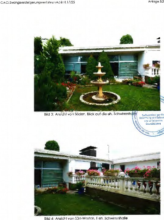 Gartenansicht mit Springbrunnen, Rasen, Sträuchern und Blumen vor einem Gebäude, Blick von Süden und Süd-Westen