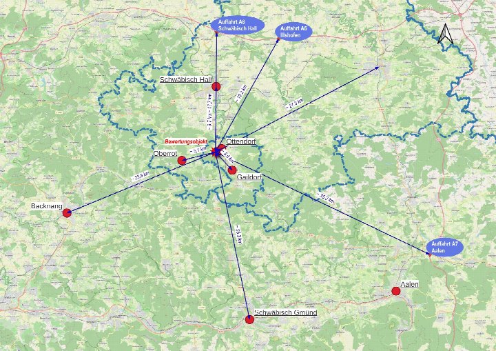 Lagekarte mit Bewertungsobjekt in Ottendorf, Gaildorf, und Entfernungen zu umliegenden Städten wie Schwäbisch Hall, Aalen und Backnang