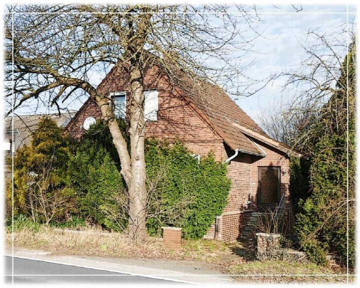 Einfamilienhaus aus Backstein mit Satteldach, Vorgarten und Bäumen, Ansicht von vorne, Bad Oeynhausen, Alter Postweg 66