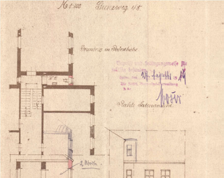 Grundriss im Bodenhohe des Gebäudes Grenzweg 48, Maßstab 1:100, mit Treppenhaus und Raumbezeichnungen