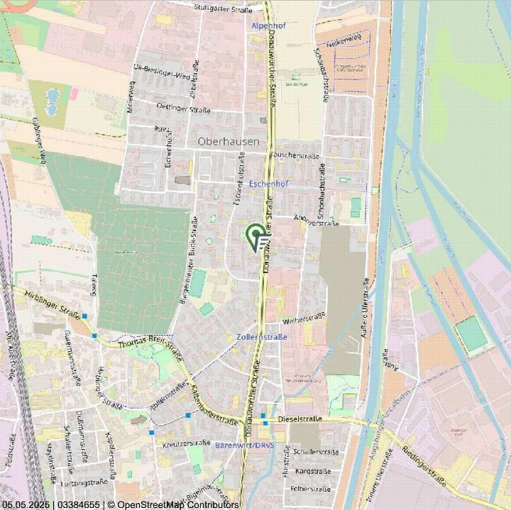 Lagekarte von Augsburg mit Markierung der Donauwörther Straße 121 im Stadtteil Oberhausen, umgeben von Straßen, Grünflächen und Gewässern