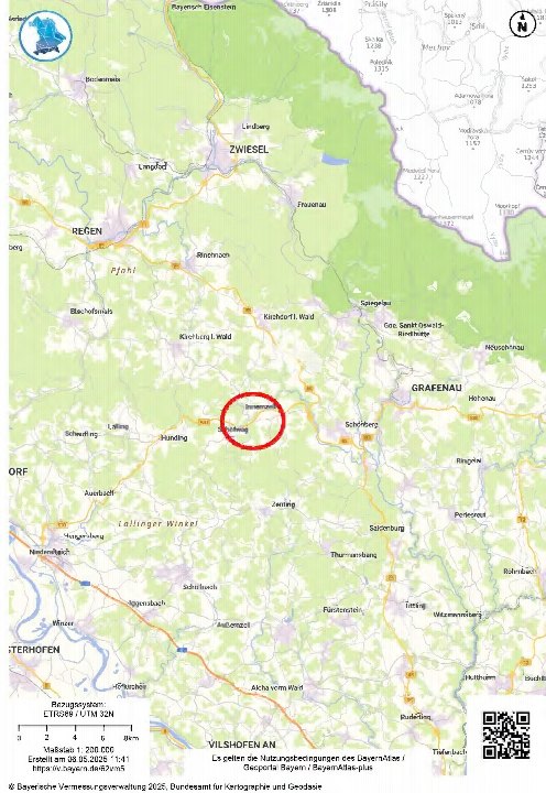 Lagekarte mit markierter Position von Innernzell, umgeben von Ortschaften wie Zwiesel, Regen und Grafenau, mit Straßen und topografischen Details