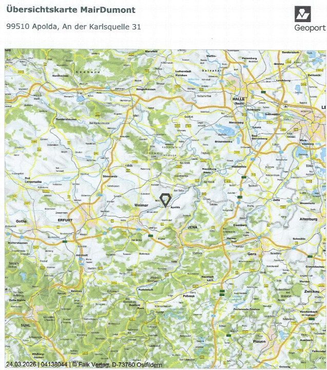 Lagekarte mit Markierung der Adresse Apolda, An der Karlsquelle 31, umgeben von Städten wie Weimar, Jena und Erfurt