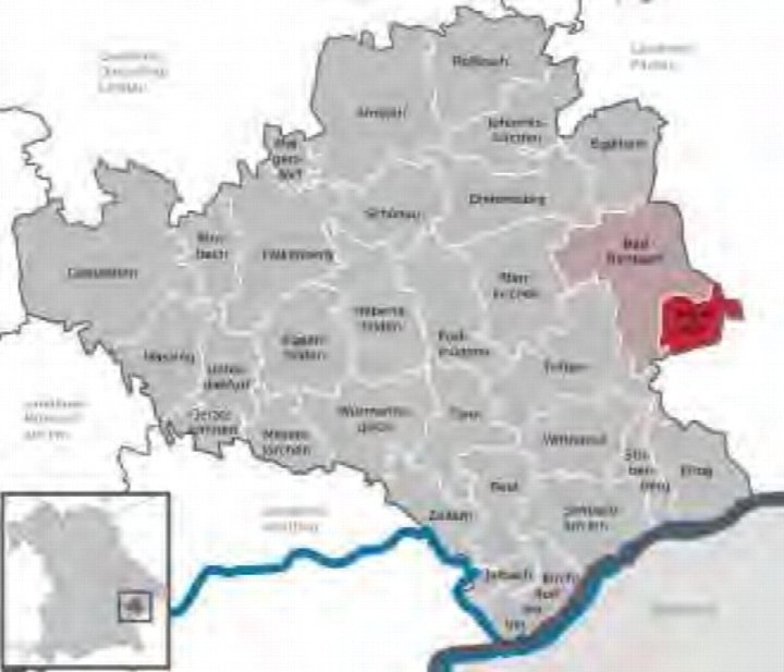 Lagekarte der Region Bayern mit hervorgehobener Gemarkung, die die Nähe zur Stadt Bayerbach zeigt