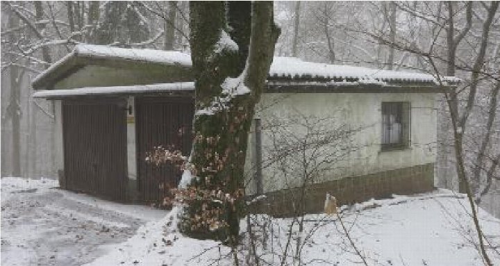 Schneebedeckte Garage mit dunklen Toren und Fenster im Wald, an der Schönbergstraße, Sonneberg