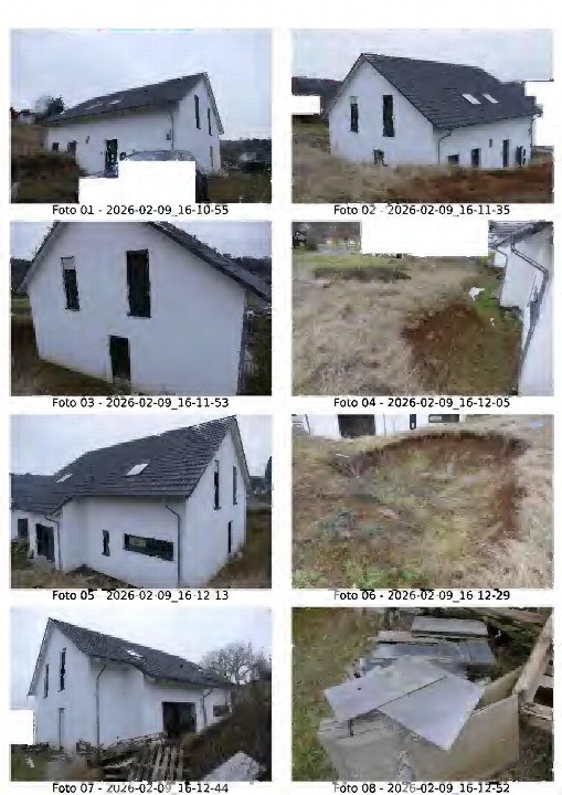 Mehrfachansicht eines Einfamilienhauses mit weißer Fassade und dunklem Dach, verschiedene Außenansichten von Seiten, Vorder- und Rückseite, umliegende Grünfläche