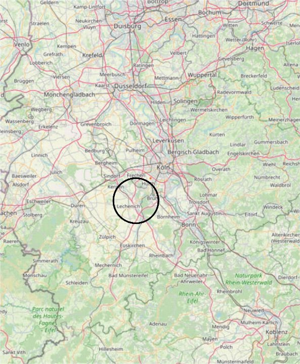 Lagekarte mit markierter Region um Köln und Bonn, im Bereich von Erftstadt