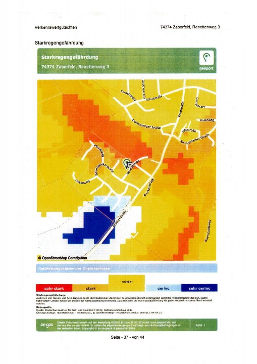 Lagekarte mit Starkregengefährdungsklassen für 74374 Zaberfeld, Renettenweg 3, mit Straßenbezeichnungen und Risikofarben