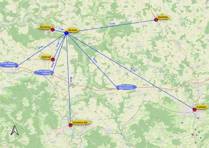 Lagekarte mit Entfernungen zu umliegenden Orten wie Künzelsau, Blaufelden und Schwäbisch Hall, zentriert auf Morsbach