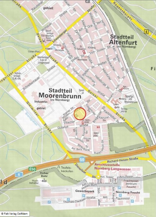 Lagekarte von Nürnberg, Stadtteil Moorenbrunn, mit markierter Villacher Str. 7 und umliegenden Straßen und Infrastruktur