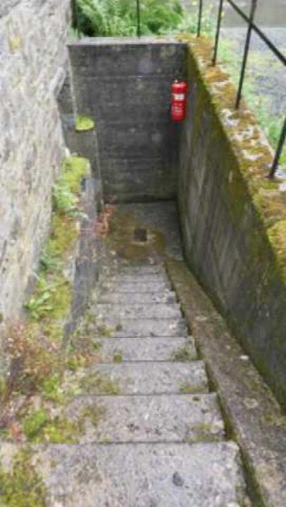 Steinernen Außentreppenabschnitt mit Moosbewuchs, rechte Wand mit Feuerlöscher, in Monschau, Rosenthal 13
