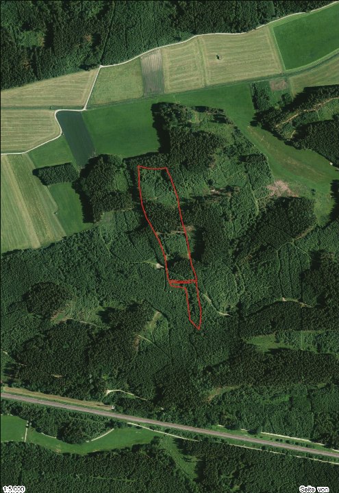 Luftbild eines land- und forstwirtschaftlich genutzten Grundstücks in Ustersbach mit roter Umrandung des Parzellenbereichs, umgeben von Wäldern und Ackerflächen